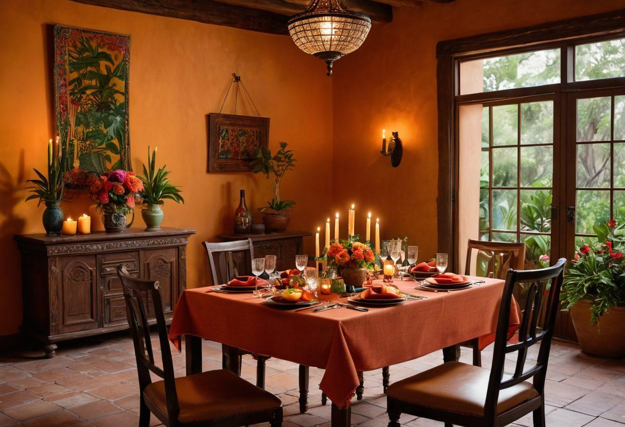 An intimate candlelit table set for two at Hacienda, adorned with colorful traditional Mexican decorations. A beautifully plated gourmet dish featuring vibrant Mexican ingredients, accompanied by artfully crafted cocktails. Soft, warm lighting creates a romantic atmosphere with a hint of rustic elegance in the background. Include lush greenery and vibrant flowers to enhance the setting. super-realistic. vibrant colors. cozy ambiance.
