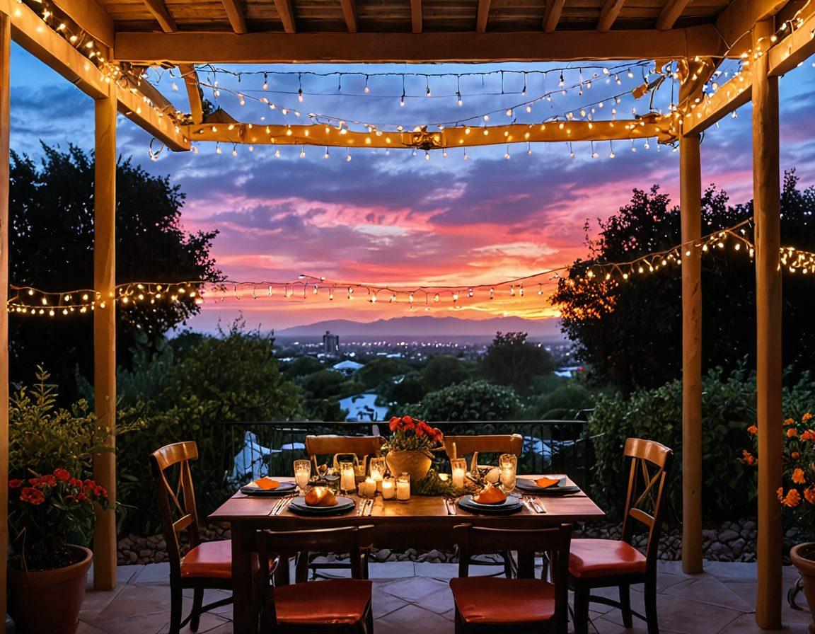 A beautifully set table for two under a romantic canopy adorned with soft fairy lights, featuring colorful Mexican ceramics filled with traditional dishes such as tacos, enchiladas, and guacamole. In the background, a sunset sky paints a warm glow, creating an intimate and inviting atmosphere. Lush greenery surrounds the setting, enhancing the enchanting vibe of a romantic escape. vibrant colors. 3D. romantic style.
