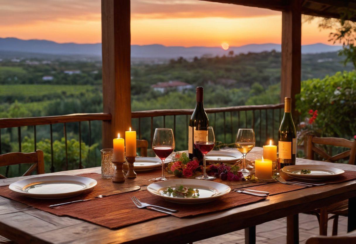 A cozy dinner setting for two, elegantly arranged on a rustic wooden table adorned with flickering candles and fresh flowers, surrounded by lush greenery typical of a hacienda. Soft warm lighting to create an enchanting, romantic atmosphere, with a vibrant sunset in the background illuminating the scene. A bottle of wine and two glasses reflect the intimate dining experience. super-realistic. vibrant colors. romantic ambiance.